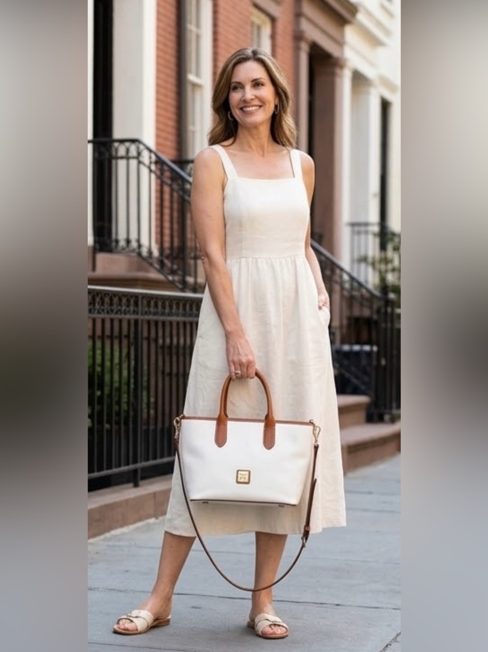 Dooney & Bourke White Pebble Leather Tote with Brown Trim and crossbody Strap